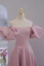Modest / Simple Elegant Blushing Pink Satin Prom Dresses 2024 A-Line / Princess Off-The-Shoulder Puffy Short Sleeve Backless Floor-Length / Long Formal Dresses