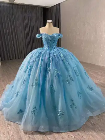 Flower Fairy 3 D Lace Sky Blue Prom Dresses 2024 Crossed Straps Sequins Tulle Off The Shoulder Quinceañera Court Train Ball Gown Formal Dresses