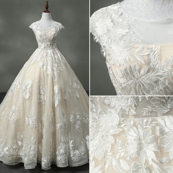 Luxe Champagne Robe Boule Robe De Mariée 2017 Encolure Dégagée Manches Courtes Volants Organza Dentelle Tribunal Train