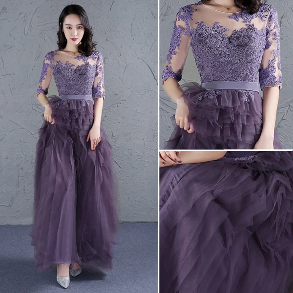 Élégant Grape Robe De Bal 2017 Encolure Dégagée 1/2 Manches Appliques En Dentelle Ceinture Volants Tulle Longue Robe De Ceremonie