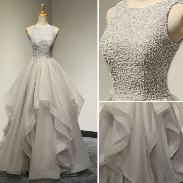 Chic / Beautiful Grey Prom Dresses 2017 Formal Dresses Evening Dresses  A-Line / Princess Scoop Neck Sleeveless Beading Ruffle Backless Organza
