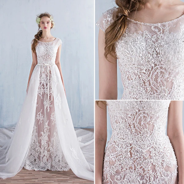 Modern / Fashion A-Line / Princess Beach Wedding Dresses 2017 Short Sleeve Backless Appliques White Glitter Lace Bow Sash Detachable Chapel Train