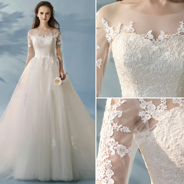 Élégant Princesse Ivoire Robe De Mariée 2017 1/2 Manches Appliques Dentelle Volants Tulle Dos Nu Chapel Train