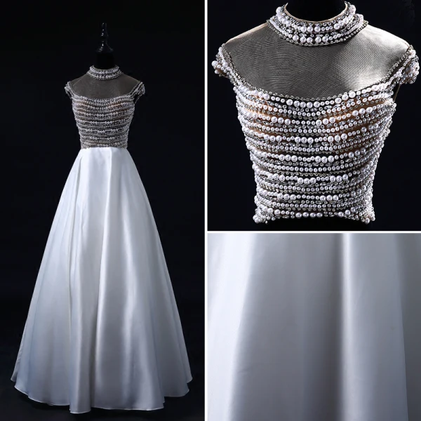 Luxury / Gorgeous Pearl Prom Dresses 2017 High Neck Beading Crystal Backless White Satin Formal Dresses