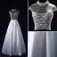 Luxury / Gorgeous Pearl Prom Dresses 2017 High Neck Beading Crystal Backless White Satin Formal Dresses