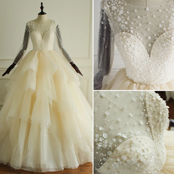 Luxury / Gorgeous Champagne Wedding Dresses 2017 Scoop Neck Long Sleeve Beading Artificial Flowers Backless Cascading Ruffles Tulle Ball Gown Chapel Train