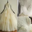 Luxury / Gorgeous Champagne Wedding Dresses 2017 Scoop Neck Long Sleeve Beading Artificial Flowers Backless Cascading Ruffles Tulle Ball Gown Chapel Train