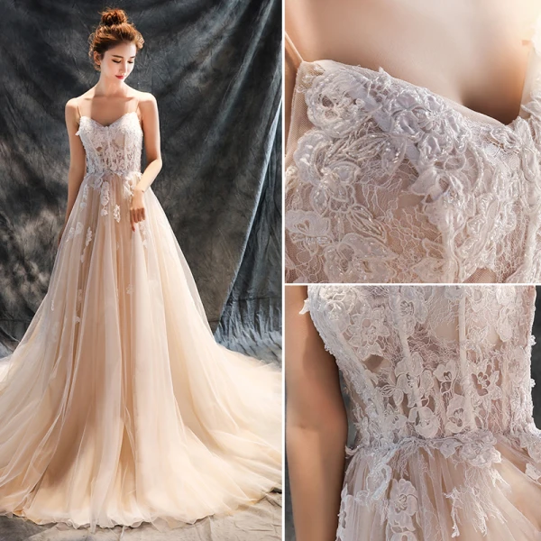 Romantic Beach Wedding Dresses 2017 A-Line / Princess Sleeveless Spaghetti Straps Appliques Lace Flower Beading Backless Champagne Ruffle Tulle Chapel Train