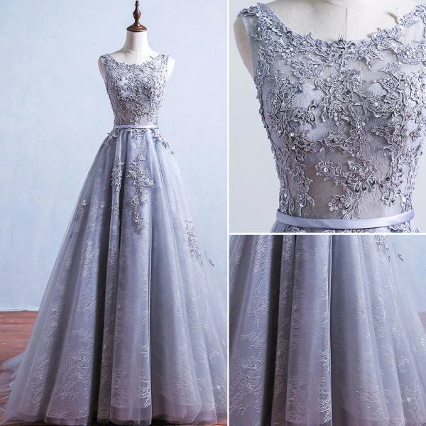 Elegant Grey Prom Dresses 2017 Appliques Lace Sleeveless Backless Sash Ruffle Tulle Formal Dresses