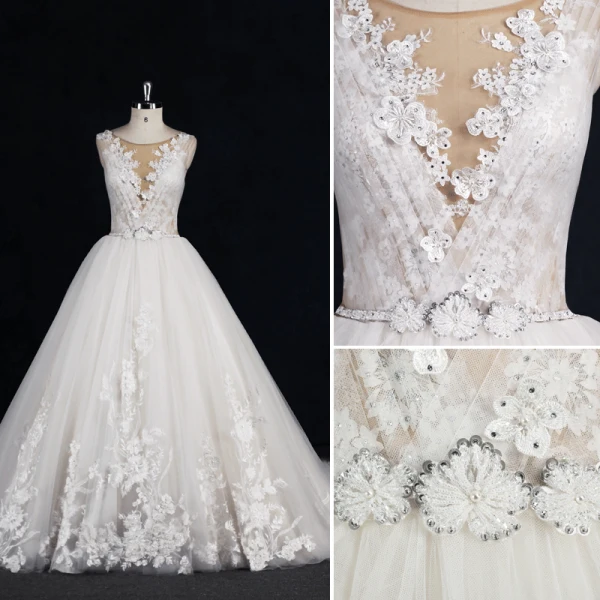 Chic / Beautiful White Ball Gown Wedding Dresses 2017 Scoop Neck Sleeveless Beading Rhinestone Covered Button Appliques Lace Flower Ruffle Tulle Sash Chapel Train