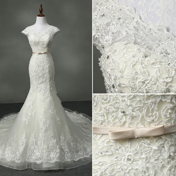 Schöne Mermaid Brautkleider 2017 V-Ausschnitt Applikationen Perlenstickerei Strass Schleife Stoffgürtel Rückenfreies Spitze Organza Ivory / Creme Kapelle-Schleppe