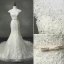 Schöne Mermaid Brautkleider 2017 V-Ausschnitt Applikationen Perlenstickerei Strass Schleife Stoffgürtel Rückenfreies Spitze Organza Ivory / Creme Kapelle-Schleppe