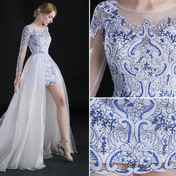 Chinese style Asymmetrical Evening Dresses 2017 A-Line / Princess Scoop Neck Long Sleeve Embroidered Flower White Organza Detachable Formal Dresses