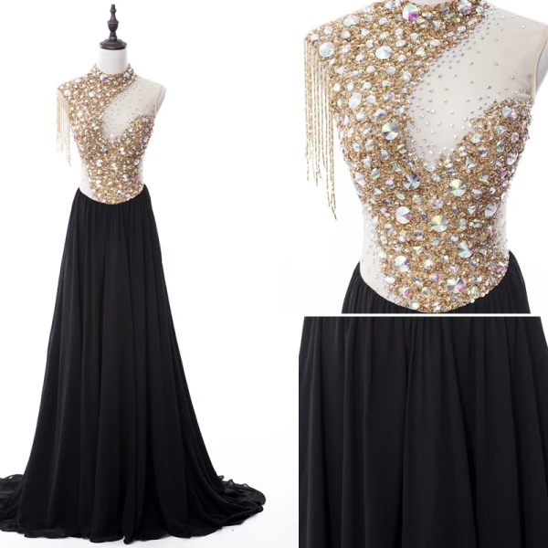 Glittrande Aftonklänningar 2017 Ärmlös Beading Kristall Paljetter Chiffong Rhinestone Tassel Formella Klänningar Svep Tåg