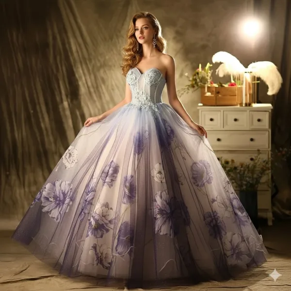 Chic / Beautiful Flower Fairy Purple Glitter Prom Dresses 2021 Ball Gown Strapless Beading Lace Flower Sleeveless Backless Floor-Length / Long Prom