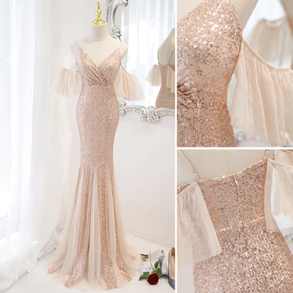 Scintillantes Sexy Champagne Paillettes Robe De Soirée 2022 Trompette / Sirène Bretelles Spaghetti Gonflée Manches Courtes Dos Nu Longue Soirée Robe De Ceremonie