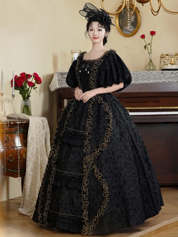 Chic / Beautiful Black U-Neck Velvet Prom Dresses Prom Dresses 2024 Pearl Printing Cosplay 1/2 Sleeves Vintage / Retro Floor-Length / Long A-Line / Princess Ball Gown Prom