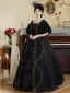 Chic / Beautiful Black U-Neck Velvet Prom Dresses Prom Dresses 2024 Pearl Printing Cosplay 1/2 Sleeves Vintage / Retro Floor-Length / Long A-Line / Princess Ball Gown Prom