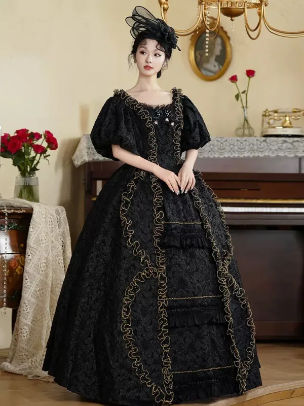Chic / Beautiful Black U-Neck Velvet Prom Dresses Prom Dresses 2024 Pearl Printing Cosplay 1/2 Sleeves Vintage / Retro Floor-Length / Long A-Line / Princess Ball Gown Prom
