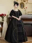 Chic / Beautiful Black U-Neck Velvet Prom Dresses Prom Dresses 2024 Pearl Printing Cosplay 1/2 Sleeves Vintage / Retro Floor-Length / Long A-Line / Princess Ball Gown Prom
