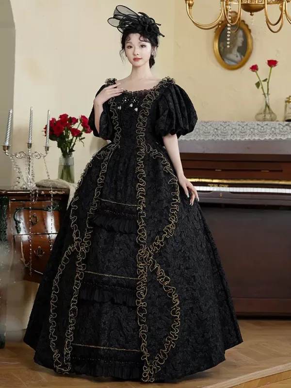 Chic / Beautiful Black U-Neck Velvet Prom Dresses Prom Dresses 2024 Pearl Printing Cosplay 1/2 Sleeves Vintage / Retro Floor-Length / Long A-Line / Princess Ball Gown Prom