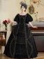 Chic / Beautiful Black U-Neck Velvet Prom Dresses Prom Dresses 2024 Pearl Printing Cosplay 1/2 Sleeves Vintage / Retro Floor-Length / Long A-Line / Princess Ball Gown Prom