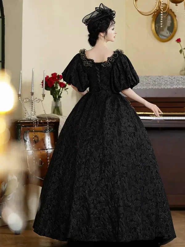 Chic / Beautiful Black U-Neck Velvet Prom Dresses Prom Dresses 2024 Pearl Printing Cosplay 1/2 Sleeves Vintage / Retro Floor-Length / Long A-Line / Princess Ball Gown Prom