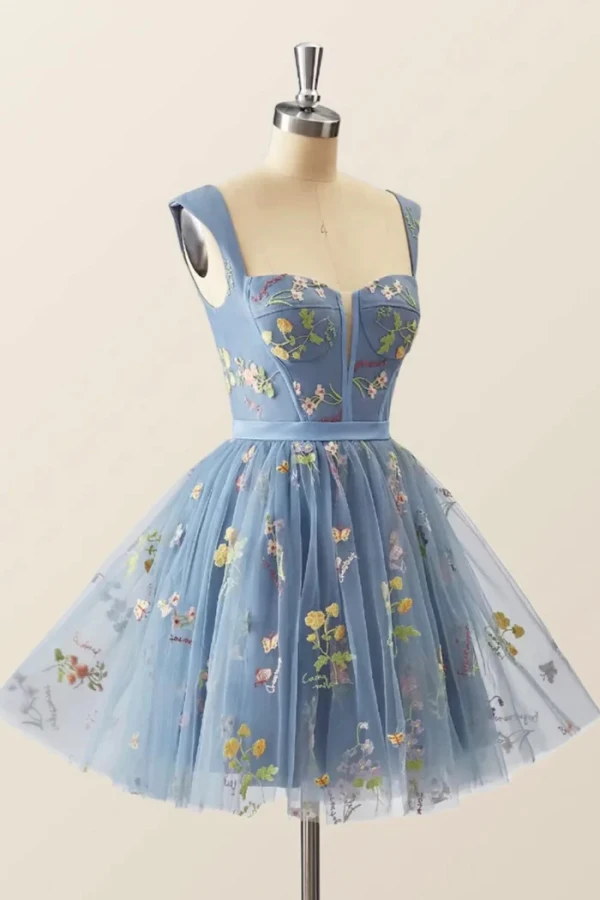 graduation dress blue floral A Line V Neck Blue Floral Prom Dresses, Blue Floral Formal Evening Gra –  jbydress main image 1