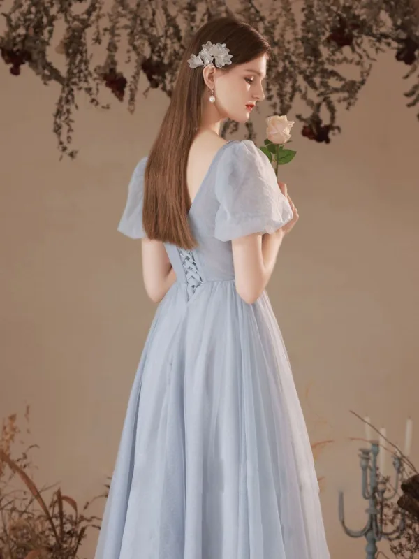 Chic / Belle Bleu Ciel Perle de retour Robe De Graduation 2023 Princesse Encolure Carrée Manches Courtes Dos Nu Thé Longueur Robe De Ceremonie