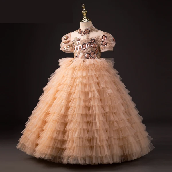 Chic / Belle Champagne Perlage Paillettes Faux Diamant Volants en Cascade Anniversaire Robe Ceremonie Fille 2023 Robe Boule Col Haut Manches Courtes Dos Nu Longue