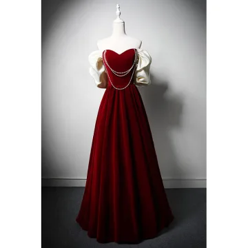 Élégant Bordeaux Perle Velours Robe De Bal 2024 Princesse Volants De L Épaule Manches Courtes Dos Nu Longue Promo Robe De Ceremonie