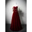Elegant Burgundy Pearl Velvet Prom Dresses 2024 A-Line / Princess Ruffle Off-The-Shoulder Short Sleeve Backless Floor-Length / Long Prom Formal Dresses