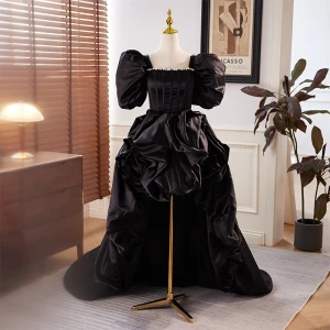 Audrey Hepburn Style Black Asymmetrical Prom Dresses 2024 Ball Gown Square Neckline Puffy Short Sleeve Backless Prom Formal Dresses
