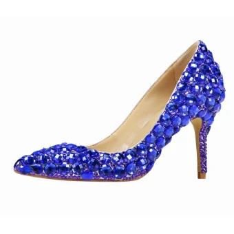 Chic Beautiful Royal Blue Cocktail Party Rhinestone Pumps 2022 Leather 8 Cm Stiletto Heels High Heels Pointed Toe Pumps