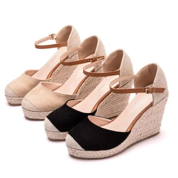 Chic / Beautiful Beige Street Wear Braid Womens Sandals 2022 9 cm Wedges Round Toe Womens Sandals