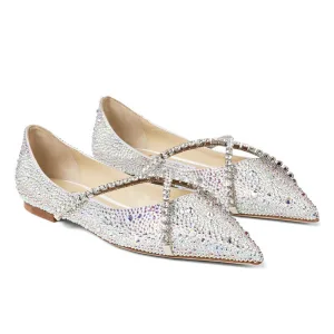 Charming Multi Colors Rhinestone Flat Wedding Shoes 2022 Leather X Strap Pointed Toe Wedding Heels