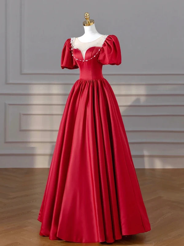 Elegant Burgundy Pearl Satin Prom Dresses 2024 A-Line / Princess Scoop Neck Puffy Short Sleeve Backless Floor-Length / Long Prom Formal Dresses