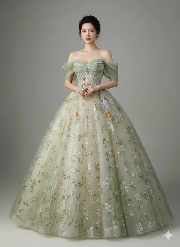 Elegant Sage Green Sequins Flower Prom Dresses 2026 Ball Gown Off-The-Shoulder Sleeveless Backless Floor-Length / Long Prom Formal Dresses