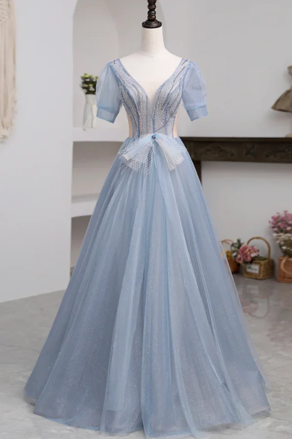 Chic / Beautiful Sky Blue Beading Prom Dresses 2024 A-Line / Princess V-Neck Short Sleeve Backless Floor-Length / Long Prom Formal Dresses