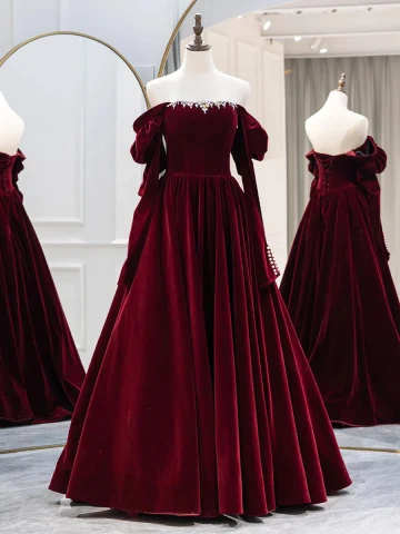 Élégant Bordeaux Velours Robe De Bal 2024 Princesse De L Épaule Manches Longues Dos Nu Longue Promo Robe De Ceremonie