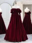 Elegant Burgundy Velvet Prom Dresses 2024 A-Line / Princess Off-The-Shoulder Long Sleeve Backless Floor-Length / Long Prom Formal Dresses
