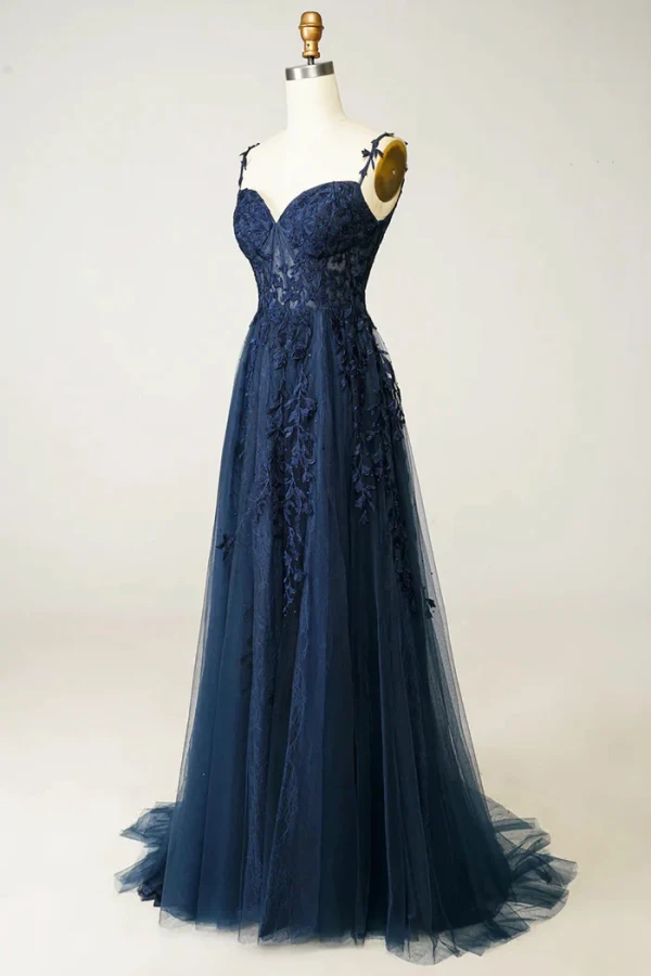 Vintage / Retro Navy Blue Rhinestone Lace Flower Prom Dresses 2024 A-Line / Princess Spaghetti Straps Sleeveless Backless Sweep Train Prom Formal Dresses