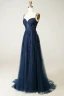 Vintage / Retro Navy Blue Rhinestone Lace Flower Prom Dresses 2024 A-Line / Princess Spaghetti Straps Sleeveless Backless Sweep Train Prom Formal Dresses