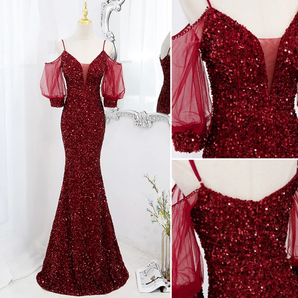 Scintillantes Bordeaux Paillettes Robe De Soirée 2022 Trompette / Sirène Bretelles Spaghetti Manches Courtes Dos Nu Longue Robe De Ceremonie