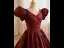 Vintage / Retro Burgundy Printing Prom Dresses 2023 Ball Gown V-Neck Puffy Short Sleeve Backless Floor-Length / Long Prom Formal Dresses
