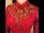 Affordable Chinese style Red Evening Dresses  2019 A-Line / Princess High Neck 3/4 Sleeve Gold Appliques Lace Floor-Length / Long Ruffle Formal Dresses
