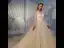 Chic / Beautiful Champagne See-through Lace Wedding Dresses 2020 A-Line / Princess V-Neck Long Sleeve Backless Glitter Tulle Beading Pearl Chapel Train Ruffle