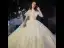 Audrey Hepburn Style Vintage / Retro Champagne See-through Bridal Wedding Dresses 2020 Ball Gown High Neck Short Sleeve Appliques Flower Beading Chapel Train Ruffle