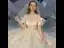 Chic / Beautiful Champagne Bridal Wedding Dresses 2020 Ball Gown Off-The-Shoulder Short Sleeve Backless Glitter Tulle Cathedral Train Ruffle