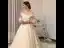 Charming Champagne Wedding Dresses 2018 A-Line / Princess Off-The-Shoulder 3/4 Sleeve Backless Appliques Lace Cathedral Train Ruffle